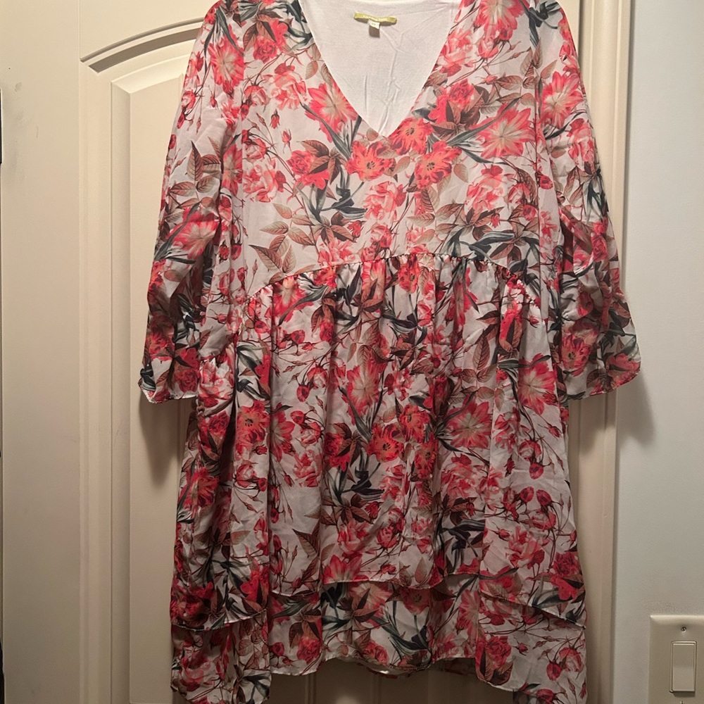 Gianni Bini Floral V-Neck Mini Dress - Red and Pink
